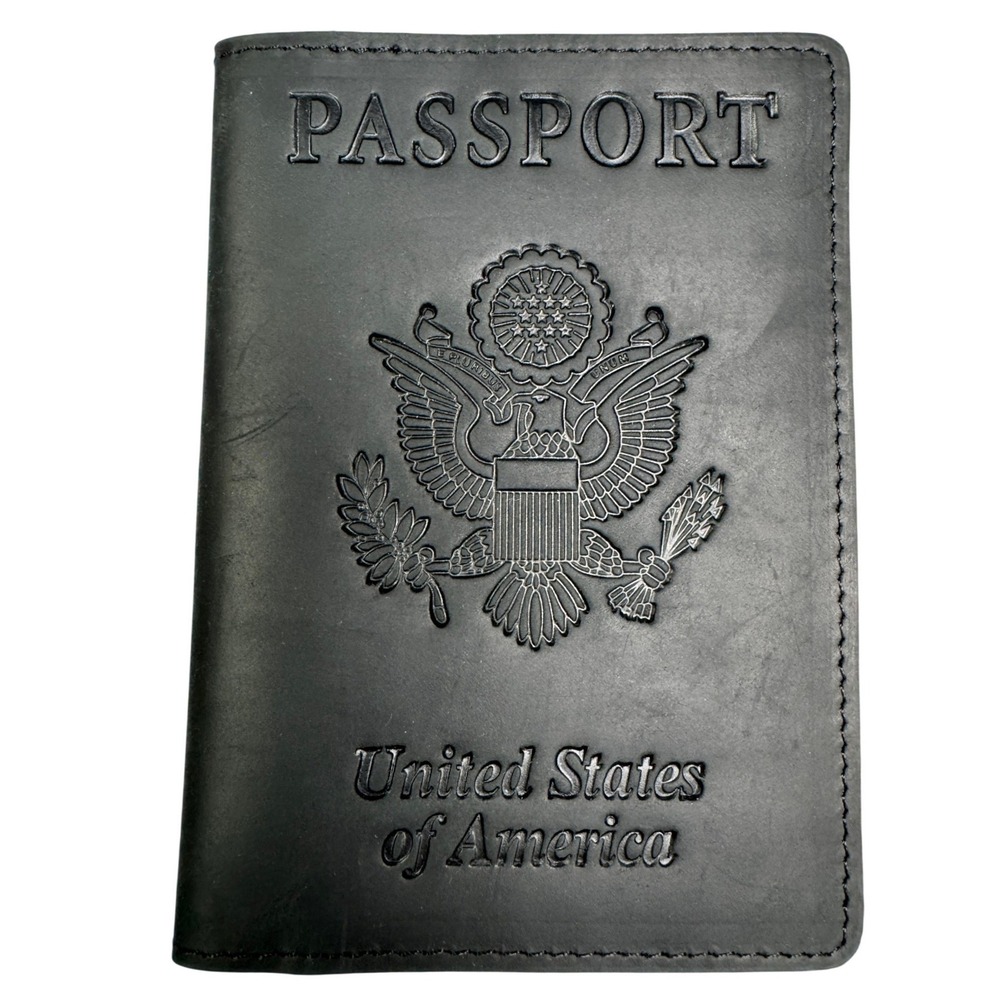 Black Leather US Passport Holder Cover Case with Card Slots Great Seal Debossed